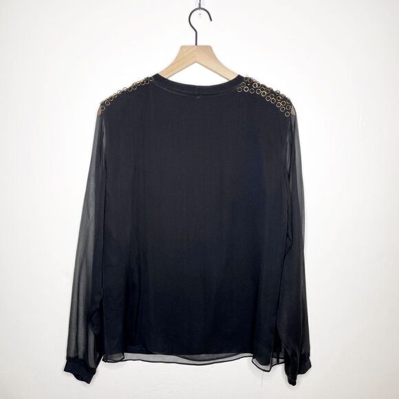 Per Se by Carlisle Ring Embellished Organza Sleeve Silk Blouse Black Size 12 - Picture 4 of 6